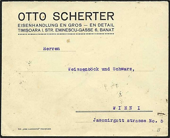 50 B., 3 L. (2) og 3 L. Ferdinand I på bagsiden af brev fra Timisoare i Banat 1927 til Wien, Østrig.