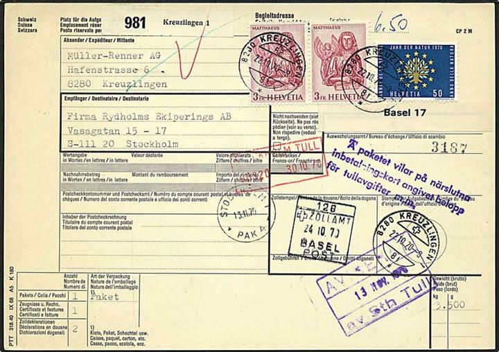 6,50 franc porto på adressekort fra Kreuzlingen, Schweiz, d. 22.10.1970 til Stockholm, Sverige.