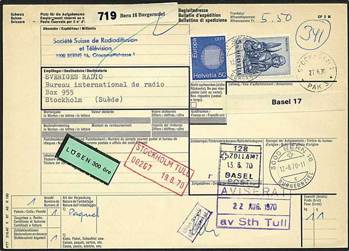5,50 franc porto på indbetalingskort fra Berne, Schweiz, d. 12.8.1970 til Stockholm, Sverige. Sat i porto med 300 øre.