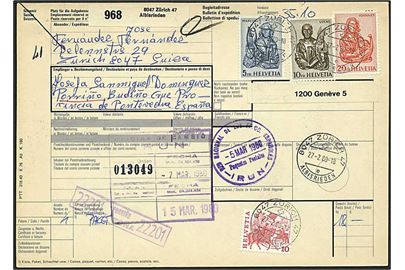 35,10 franc porto på indbetalingskort fra Zürich, Schweiz, d. 27.2.1980 til Spanien.