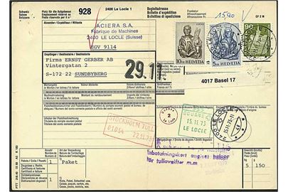 15,90 franc porto på indbetalingskort fra Le Locle, Schweiz, d. 15.11.1973 til Sundbyberg, Sverige.