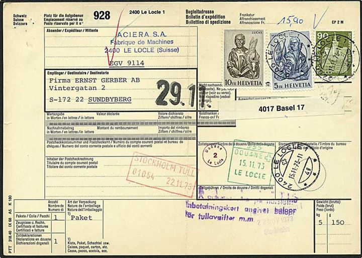 15,90 franc porto på indbetalingskort fra Le Locle, Schweiz, d. 15.11.1973 til Sundbyberg, Sverige.
