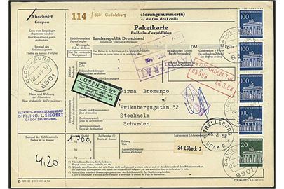 4,20 mark porto på indbetalingskort fra Cadolzburg, Tyskland, d. 22.3.1968 til Stockholm, Sverige. Sat i porto med 265 øre.