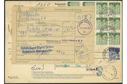 13, 50 mark porto på indbetalingskort fra Diessen, Tyskland, d. 3.4.1970 til Stockholm, Sverige.