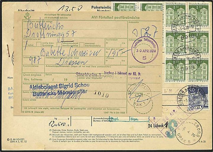 13, 50 mark porto på indbetalingskort fra Diessen, Tyskland, d. 3.4.1970 til Stockholm, Sverige.
