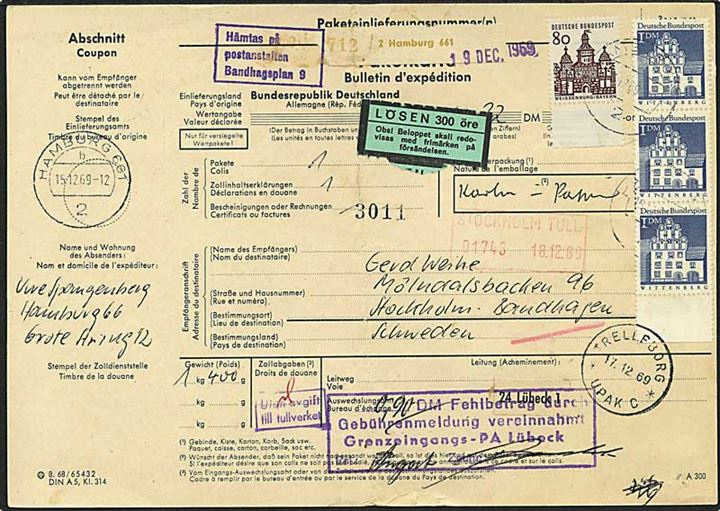 3,80 mark porto på indbetalingskort fra Hamburg, Tyskland, d. 15.12.1969 til Stockholm, Sverige. Sat i porto med 300 øre.