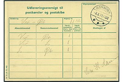 Udleveringsoversigt til postkørsler og postskibe med brotype IId Vesterøhavn d. 8.8.1979.
