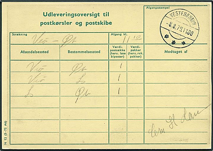 Udleveringsoversigt til postkørsler og postskibe med brotype IId Vesterøhavn d. 8.8.1979.