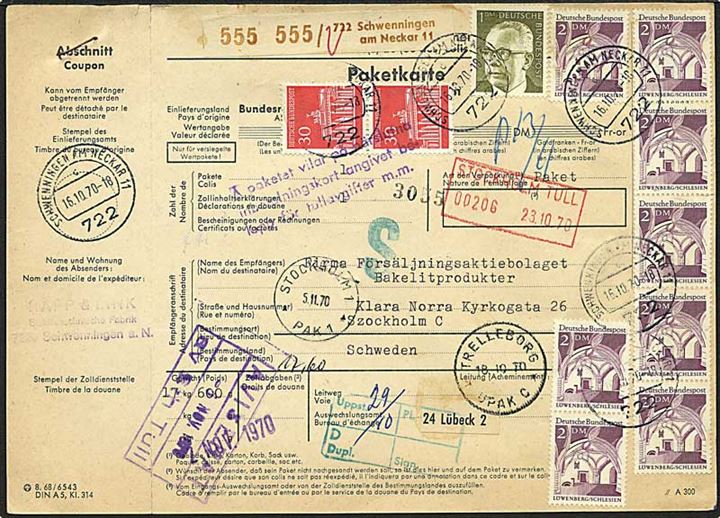 17 mark porto på indbetalingskort fra Schwenningen, Tyskland, d. 16.10.1970 til Stockholm, Sverige. 