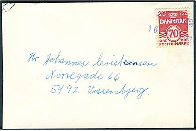 70 øre Bølgelinie på lille brev annulleret med trodat stempel Vissenbjerg Posteksp. (LP) d. 16.5.1972 til Vissenbjerg.