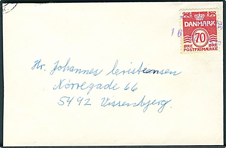 70 øre Bølgelinie på lille brev annulleret med trodat stempel Vissenbjerg Posteksp. (LP) d. 16.5.1972 til Vissenbjerg.