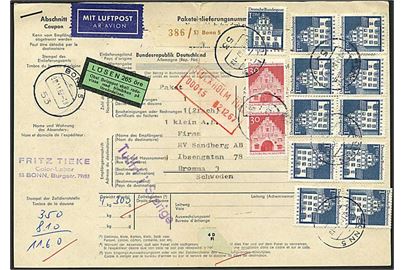 11,60 mark porto på luftpost adressekort fra Bonn, Tyskland, d. 20.11.1970 til Bromma, Sverige. Sat i porto med 265 øre.