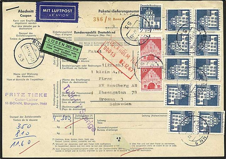11,60 mark porto på luftpost adressekort fra Bonn, Tyskland, d. 20.11.1970 til Bromma, Sverige. Sat i porto med 265 øre.