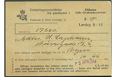 Erindringsanmeldelse formular F10 (2-50 B7) fra Odense for forsendelse fra Vejen med opkrævning som skal afhentes inden d. 3.4.1954.