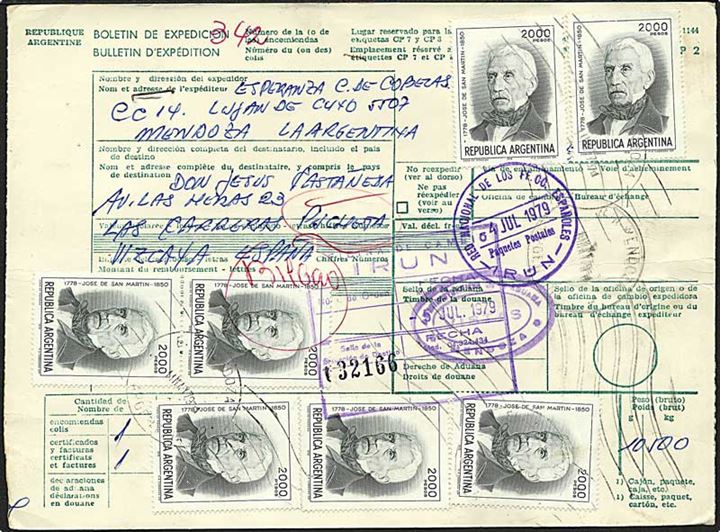15400 pesos porto på adressekort fra Mendosa, Argentina, d. 11.5.1979 til Spanien.