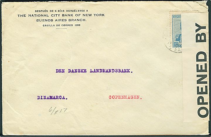 12 c. single på brev fra Buenos Aires 1917 til København, Danmark. Åbnet af britisk censur no. 1253 og ank.stemplet Kjøbenhavn d. 6.8.1917.