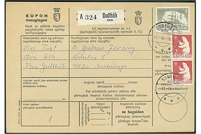 2 kr. Isbjørn i parstykke og 5 kr. Ishavsskib på adressekort for pakke fra Godthåb d. 17.10.1972 til Svinninge.