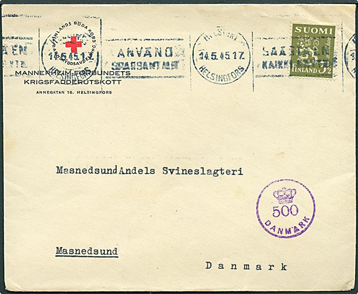 3½ mk. Løve på fortrykt kuvert fra Mannerheim-Förbundet i Helsingfors d. 14.5.1945 til Masnedsund, Danmark. Passér stemplet ved den danske efterkrigscensur med stempel (krone)/500/Danmark.
