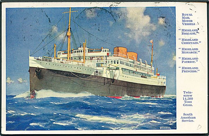 ½d og 1d George V på brevkort (RMS Highland Princess) annulleret med portugesisk skibsstempel Lisboa Paquete 1935 og sidestemplet med ovalt purser-stempel d. 3.4.1935.
