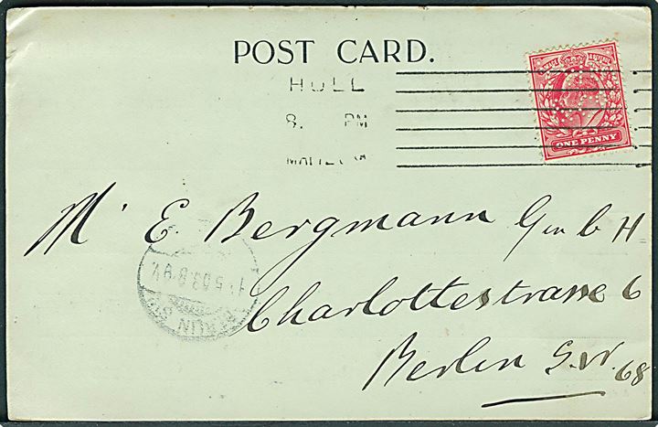 1d Edward VII med perfin TWS&Co på brevkort fra firma Thos. Wilson, Sons & Co. i Hull d. 12.5.1908 til Berlin, Tyskland.