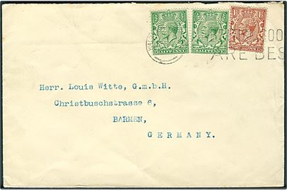 ½d (2) og 1½d George V med perfin HBMC på firmakuvert fra Hougaton-Butcher M'fo Co. Ltd. i Walthamstow d. 19.11.1925 til Barmen, Tyskland.
