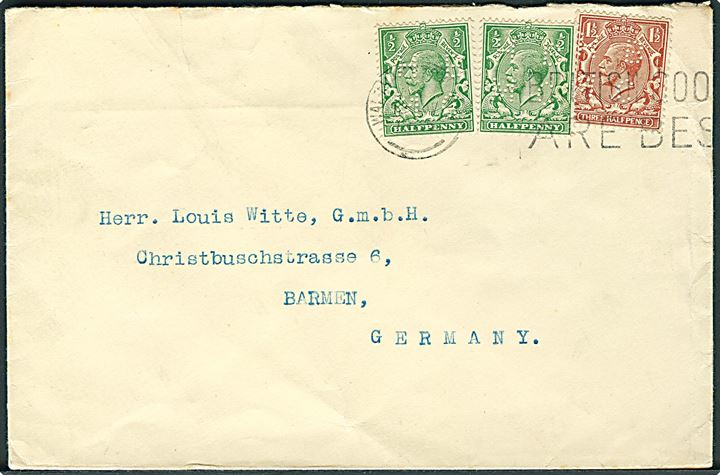 ½d (2) og 1½d George V med perfin HBMC på firmakuvert fra Hougaton-Butcher M'fo Co. Ltd. i Walthamstow d. 19.11.1925 til Barmen, Tyskland.