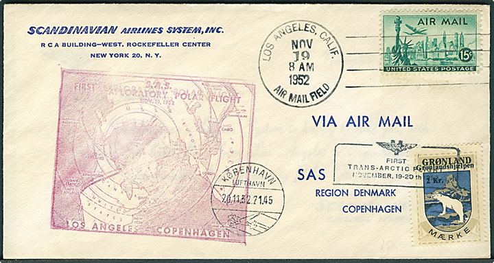 15 c. Luftpost på SAS førsteflyvningskuvert fra Los Angeles d. 19.11.1952 til København, Danmark. Påsat 2 kr. Grønlandshjælpen mærkat annullleret med SAS-stempel.