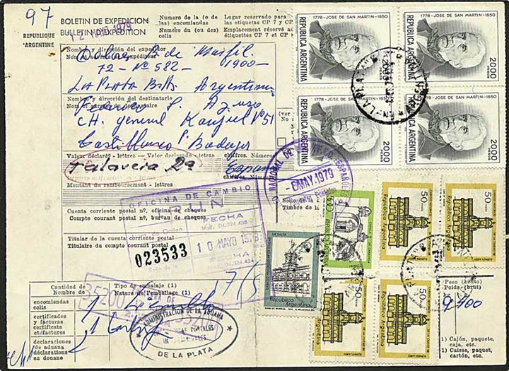 8740 pesos porto på adressekort fra La Plata, Argentina, d. 8.5.1979 til Spanien.