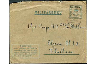 Militärbrev med svagt stempel d.   17.8.1941 fra Minsveparen M9 Flottan til Minsveparen M10 Flottan. Ank.stemplet Karlskrona d. 19.8.1941. Svarmærke bortklippet.