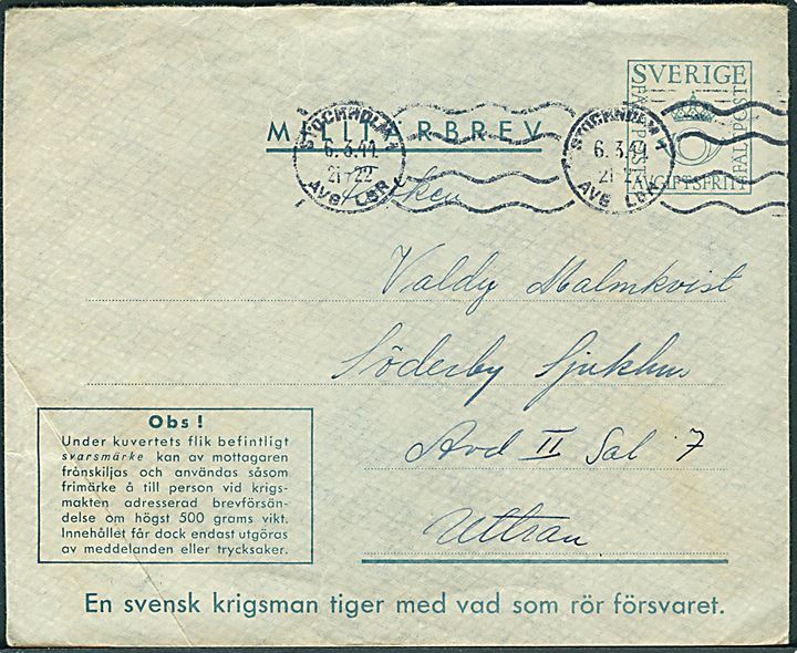 Militärbrev fra Marinpost 1333 (= Panserskibet Drottning Victoria) stemplet Stockholm d. 6.3.1944 til Söderby Sjukhem, Uttran.