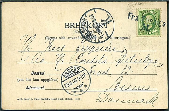 5 öre Oscar på brevkort fra Malmö annulleret med skibsstempel Fra Sverige M. og sidestemplet Kjøbenhavn d. 23.6.1903 til Assens, Danmark.
