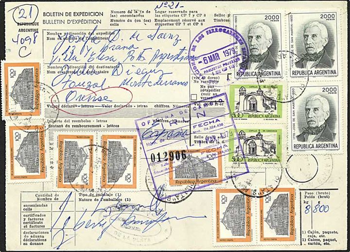7700 pesos porto på adressekort fra Argentina d. 6.3.1979 til Spanien.