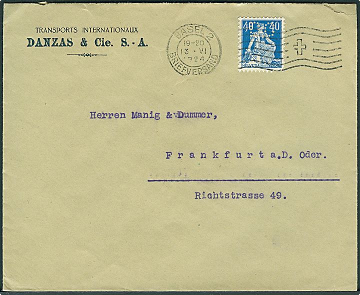 40 c. Helvetia med perfin D.C. på firmakuvert fra Danzas & Cie i Basel d. 13.6.1924 til Frankfurt a.d. Oder, Tyskland.