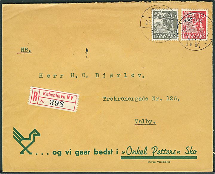 15 øre og 20 øre Karavel på anbefalet lokalbrev i København d. 24.5.1940.