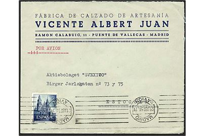 3 pts. Santiago de Compostela single på luftpostbrev fra Madrid d. 21.4.1954 til Stockholm, Sverige.