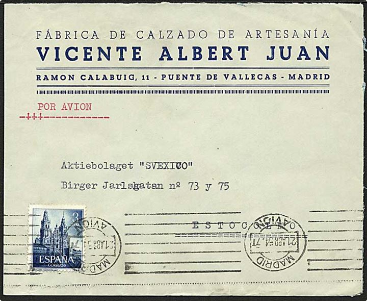 3 pts. Santiago de Compostela single på luftpostbrev fra Madrid d. 21.4.1954 til Stockholm, Sverige.