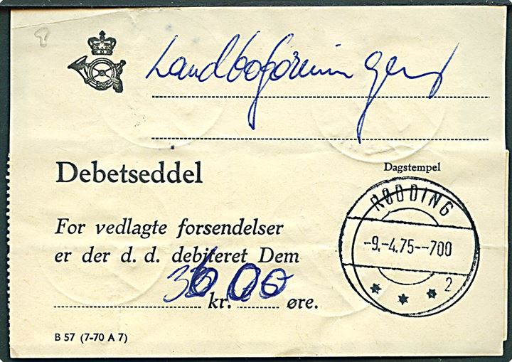 100 øre Margrethe (4) og 4 kr. Rigsvåben (8) på bagsiden af debetseddel B57 (7-70 A7) fra Rødding d. 9.4.1975.
