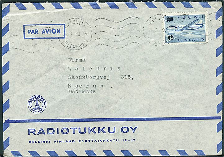 45/34 mk. Luftpost provisorium single på luftpostbrev fra Helsinki d. 22.7.1959 til Nærum, Danmark.