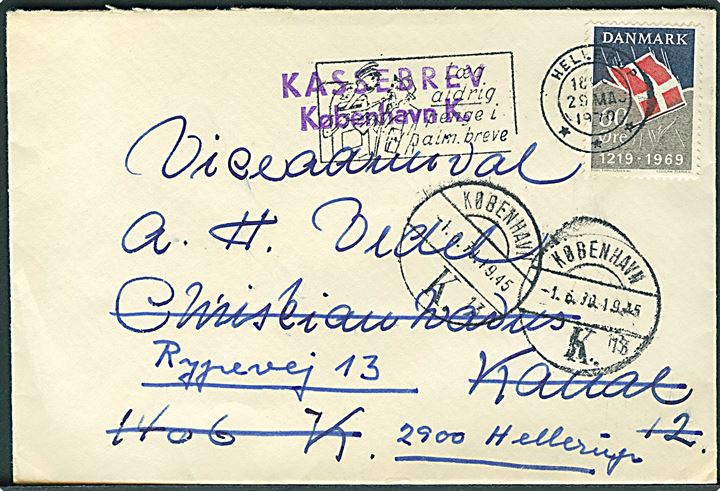 60 øre Dannebrog 750 år på brev fra Hellerup d. 29.5.1970 til viceadmiral Vedel i København - eftersendt til Hellerup med violet stempel: Kassebrev København K..