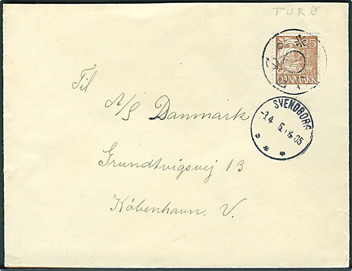 25 øre Karavel på brev annulleret med udslebet stjernestempel TURØ og sidestemplet Svendborg d. 3.4.1936 til København.