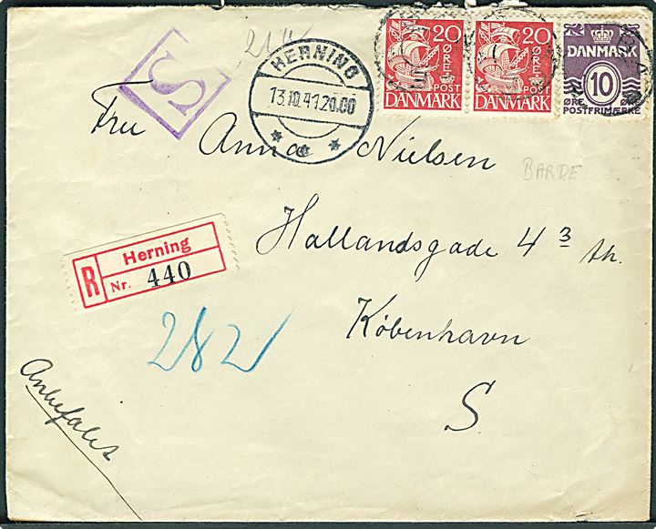 10 øre Bølgelinie og 20 øre Karavel (2) på anbefalet brev annulleret med svagt udslebet stjernestempel BARDE og sidestemplet Herning d. 13.10.1941 til København.