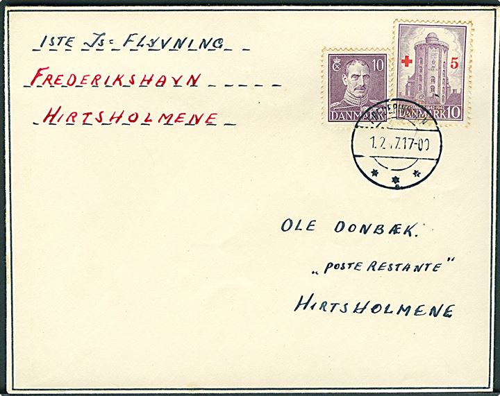 10 øre Chr. X og 10+5 øre Røde Kors på isluftpost brev fra Frederikshavn d. 1.2.1947 til Hirtsholmene.