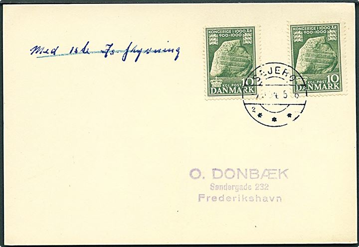 10 øre 1000 års udg. (2) på isluftpost-brevkort med brotype IIc Sejerø d. 7.2.1954 til Frederikshavn.