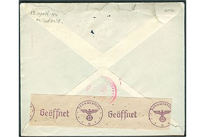 20 øre Chr. X på brev med indhold fra København d. 13.4.1945 til Oslo, Norge. Åbnet af Sønderborg censuren med fortrykt April-banderole Zensurstelle k. Lidt flosset i overkanten.