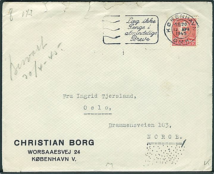20 øre Chr. X på brev med indhold fra København d. 13.4.1945 til Oslo, Norge. Åbnet af Sønderborg censuren med fortrykt April-banderole Zensurstelle k. Lidt flosset i overkanten.