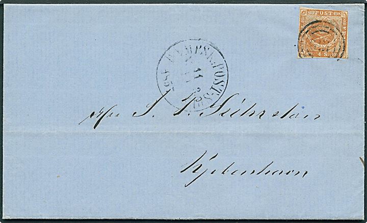 4 sk. 1854 udg. på dampskibsbrev fra Aarhus annulleret med svagt nr.stempel 189 og sidestemplet antiqua Dampsk:Post-Sped: no. 3 d. 11.11.1857 til Kjøbenhavn.