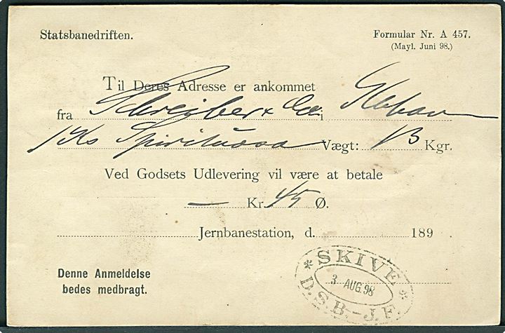 5 øre Våben på adviskort fra Statsbanedriften annulleret med lapidar Skive JB.P.E. d. 3.8.1898 til Aalbæk. På bagsiden ovalt jernbanestempel SKIVE * D.S.B. - J.F. * d. 3.8.1898.