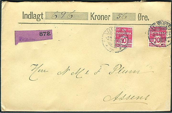 10 øre Bølgelinie (2) på 20 øre frankeret lokalt værdibrev annulleret med brotype Ia Flemløse d. 8.11.1913 til Assens.