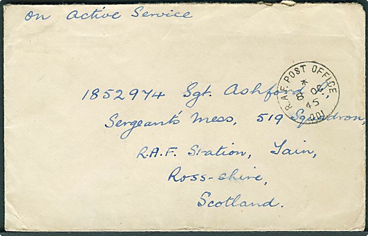 Ufrankeret feltpostbrev stemplet R.A.F. Post Office 001 (= Reykjavik, Island) d. 8.10.1945 til 519 Squadron, RAF Station Tain, Scotland.