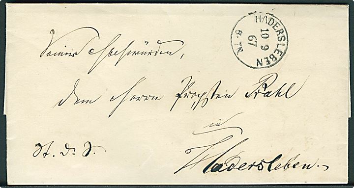 1867. Ufrankeret tjenestebrev med indhold dateret Hammeleff d. 9.9.1867 og stemplet Hadersleben d. 10.9.1867 til Haderslev. Hammeleff fik oprettet posthülfstelle i 1883 og samme år postagentur underlagt Haderslev. 